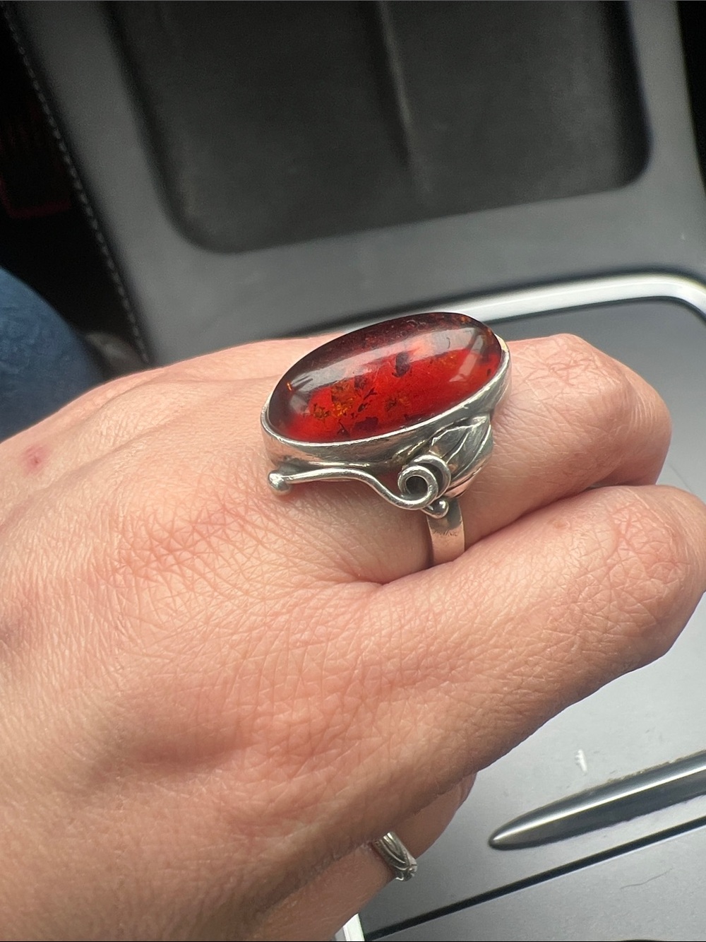 Vintage Natural Amber Sterling Silver Ring size 7 1/4"